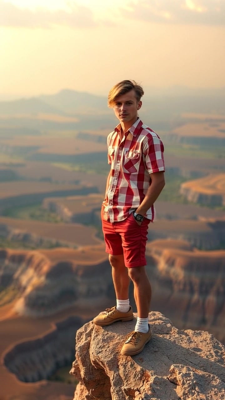 Subject: A man standing resolutely at the edge of a cliff. Subject movement: He gazes out over the vast landscape, adjusting his posture as the wind sweeps across him. Scene: High cliff edge overlooking a breathtaking expanse of mountains and valleys, symbolizing control and power. Style: Dramatic sunset lighting, casting golden hues and long shadows across the terrain. Motion: The camera begins with a close-up of the man's determined expression, then sweeps out in a wide shot to capture the grandeur of the landscape, emphasizing the sheer drop of the cliff.