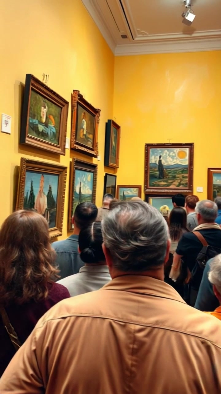 Scene: An elegant art gallery filled with vibrant Van Gogh paintings, visitors wandering and admiring the artwork. Style: Soft, ambient lighting enhancing the colors of the paintings, creating a warm and inviting atmosphere. Motion: The camera glides smoothly through the gallery, capturing close-ups of the artwork as well as the expressions of the captivated visitors.
