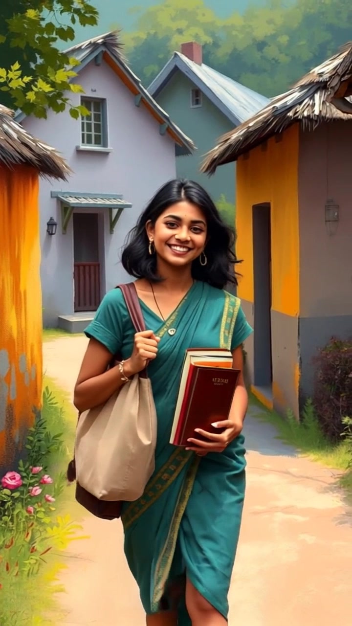 Subject: A young girl named Priya entering the village with a bag of books. Subject movement: Priya walks happily towards the school, her smile radiant and her movement lively. Scene: Charming village path lined with rustic homes and vibrant greenery, leading towards a quaint schoolhouse. Lighting: Soft morning light illuminating the scene, creating a warm and inviting atmosphere. Motion: The camera follows Priya as she walks, capturing her joyful expression and the bustling village around her with a gentle tracking shot.