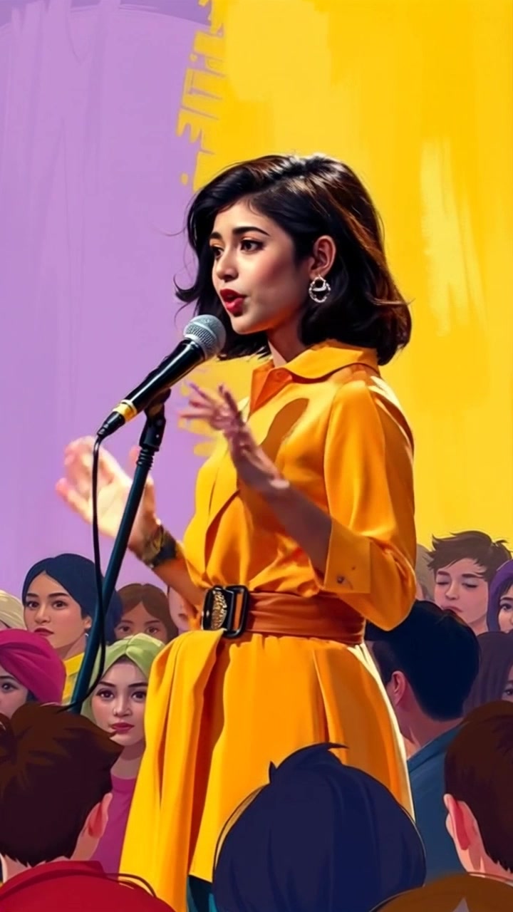 Subject: Aisha standing confidently on a small stage, gripping a microphone and addressing the crowd. Subject movement: She gestures passionately as she speaks, her determination radiating through her posture. Scene: An intimate theater setting with an eager audience, warmly lit by a soft spotlight focused on her. Motion: The camera performs a slow dolly-in, capturing Aisha's expressive face and the attentive crowd, creating a sense of connection and engagement.