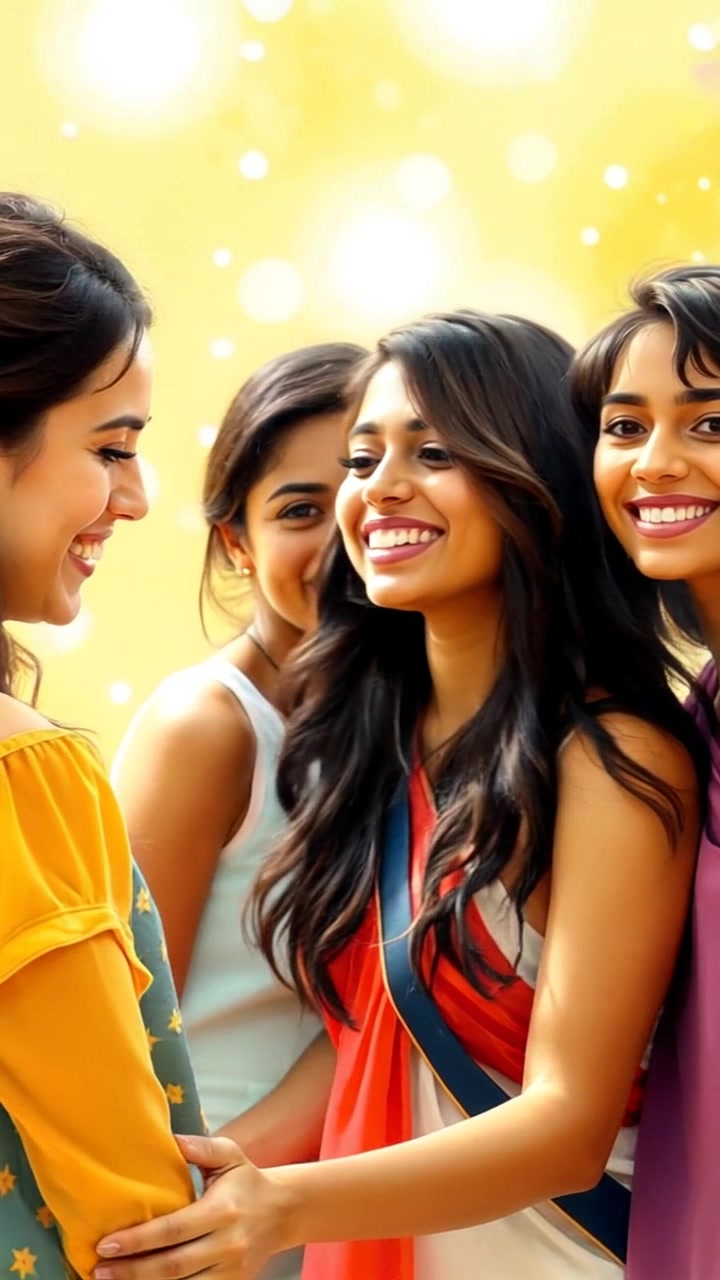 Scene: You smiling at the camera, surrounded by supportive friends in a cheerful atmosphere filled with laughter and joy. Style: Bright, inviting lighting that enhances the overall happiness of the group. Motion: Camera smoothly pulls back to reveal the lively gathering, capturing spontaneous interactions and genuine smiles, creating an uplifting vibe.