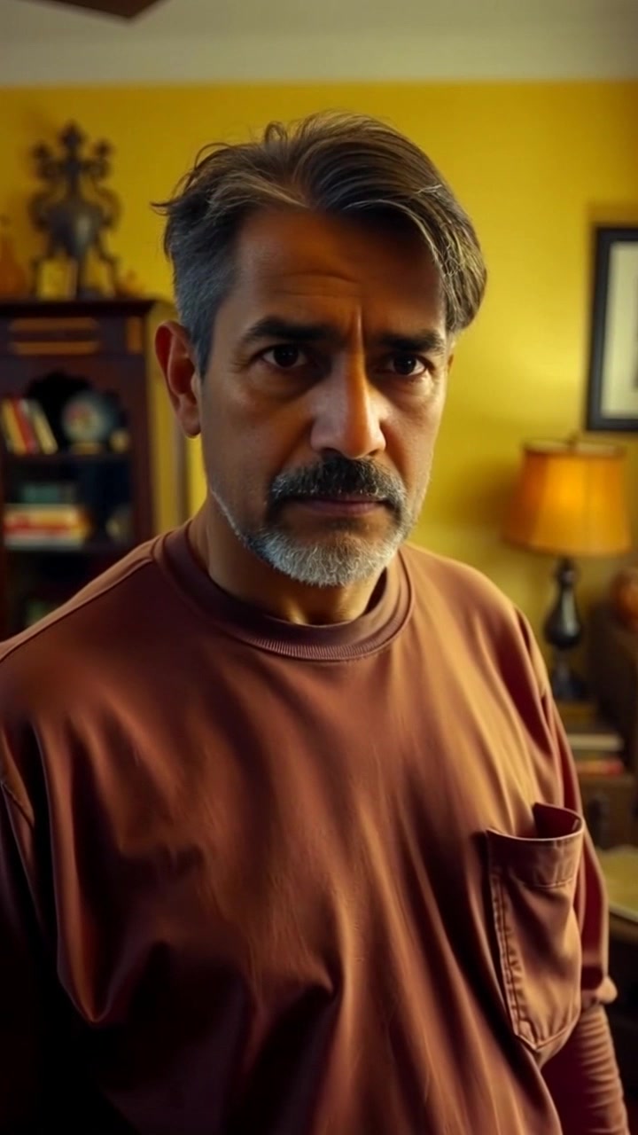 Subject: A concerned individual standing in a well-furnished room. Subject movement: The individual shifts slightly, furrowing their brow, as they glance around the room with a worried expression. Scene: A richly decorated room with elegant furniture and warm lighting casting gentle shadows. Motion: The camera slowly pushes in on the individual, capturing the tension in their posture and facial expression, creating an intimate connection with the viewer. The atmosphere is moody, filled with an air of anticipation.