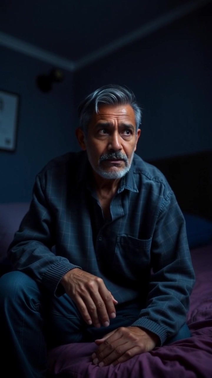 Subject: A person sitting on the edge of a bed, appearing anxious and trembling. Scene: Dark room with dim, moody lighting casting deep shadows, enhancing the sense of tension. Motion: Camera slowly pushes in to a close-up of the person's face, capturing the subtle details of their expression, while soft ambient sounds build a sense of unease.