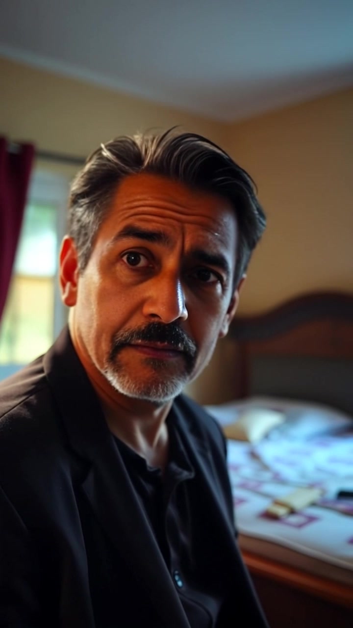 Subject: A person looking perplexed. Scene: Inside a cozy bedroom, empty of furnishings and decorations, with soft natural light streaming through a window. Motion: The camera slowly zooms in on the individual, capturing their expression of confusion as they scan the bare room, allowing the viewer to immerse into the unsettling atmosphere.