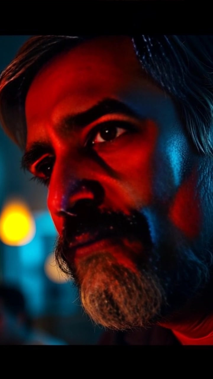 Subject: A contemplative figure, Raj, lost in thought as he reflects on the challenges faced by his people. Subject movement: His expression shifts subtly as he processes his thoughts. Scene: Intimate setting with soft, ambient light illuminating his face, surrounded by the shadows of a dimly lit room. Motion: Camera slowly pushes in for a close-up, capturing the nuances of his emotions and the depth of his contemplation, enhancing the atmosphere of introspection.