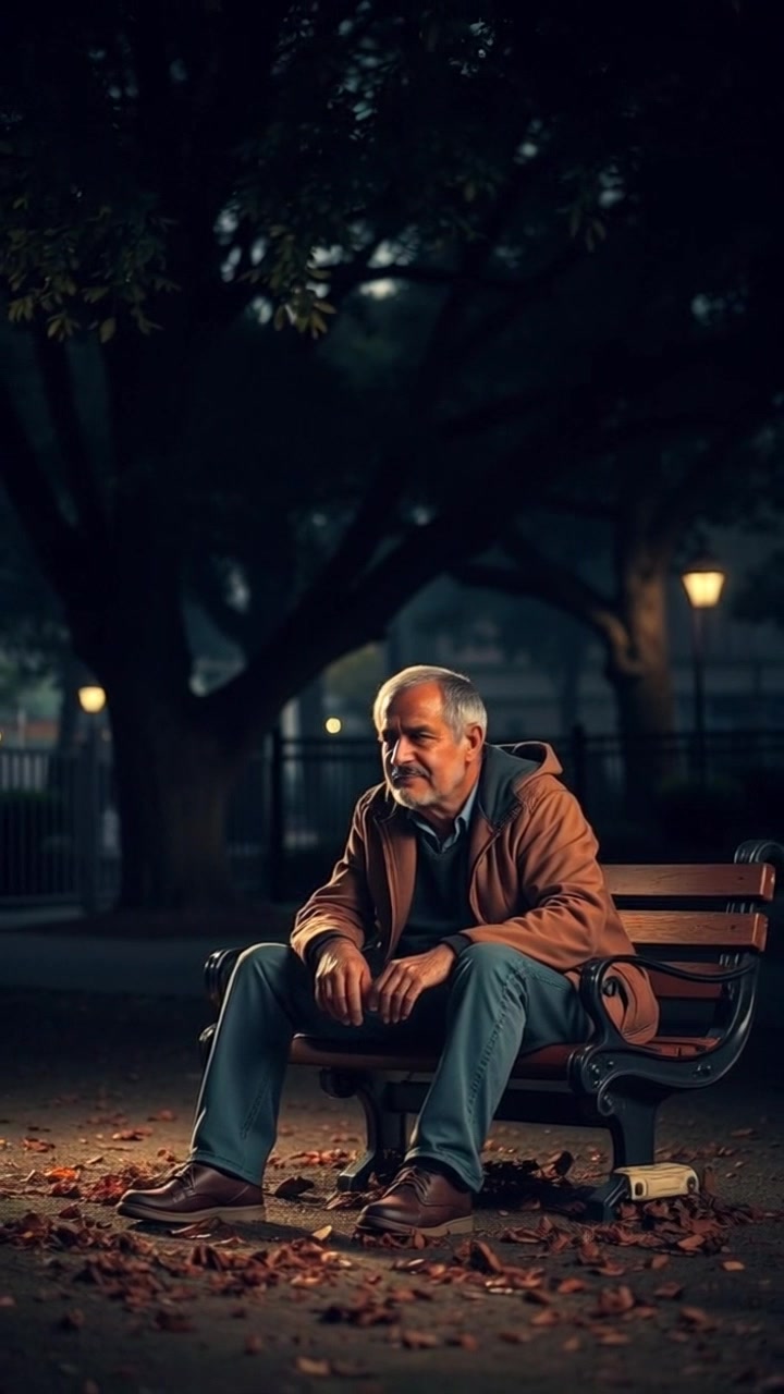 Subject: A person sitting on a park bench, deep in thought. Scene: A serene park setting with a large, leafy tree providing shade, surrounded by soft green grass. Lighting: Soft, dappled sunlight filtering through the tree leaves, creating an inviting atmosphere. Motion: The camera slowly zooms in on the person, capturing their contemplative expression before gently pulling back to reveal the tranquil park environment.