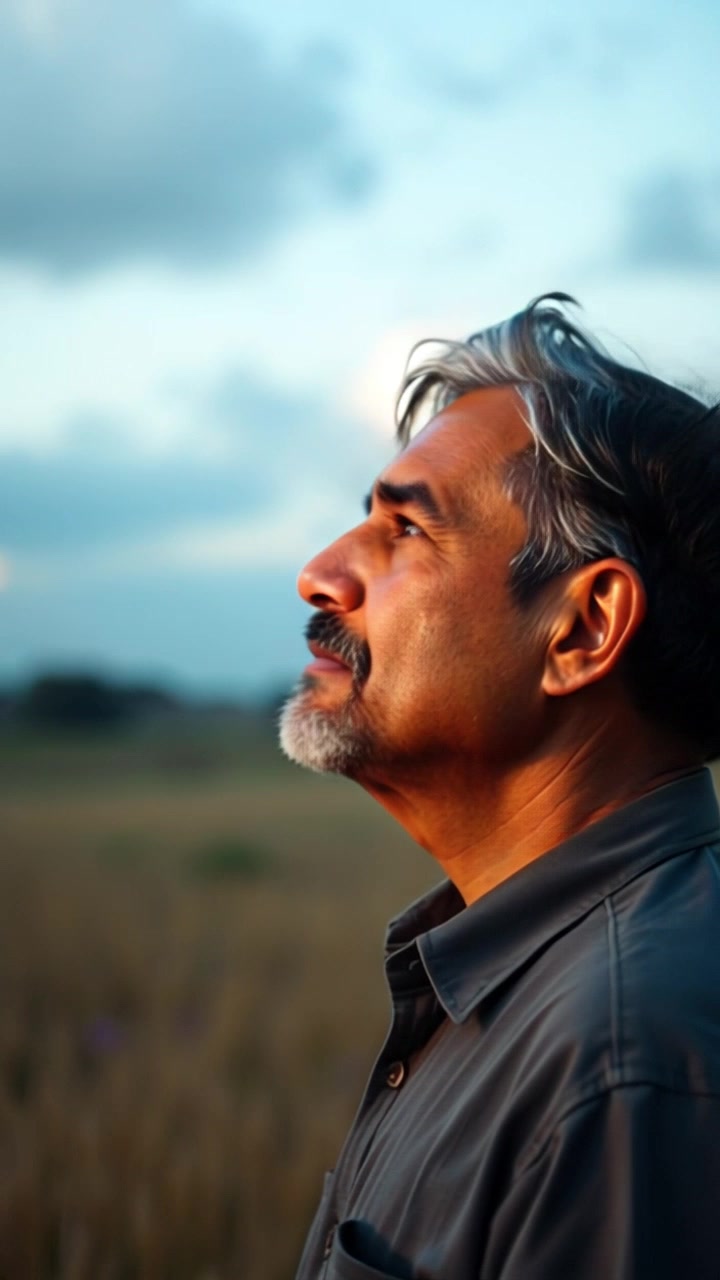 Subject: A person standing thoughtfully in a wide field. Subject movement: The person gazes up slowly at the drifting clouds, as a gentle breeze rustles the tall grass around them. Scene: Expansive field under a bright blue sky, with fluffy white clouds lazily passing by. Style: Soft, natural daylight illuminating the scene, emphasizing the tranquility of the moment. Motion: The camera gently pushes in, capturing the person’s contemplative expression, while the clouds float serenely overhead, enhancing the peaceful atmosphere.
