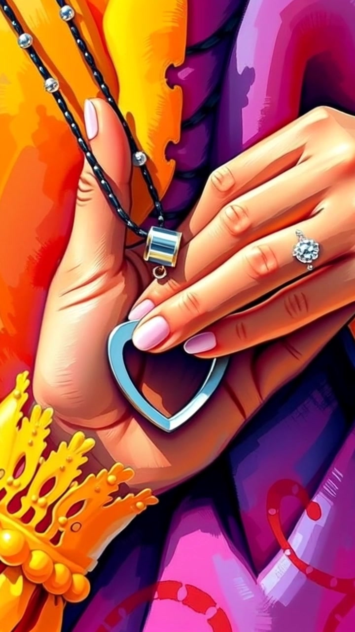 Scene: A close-up of delicate hands gently holding a heart-shaped pendant, the gold reflecting light beautifully. Style: Soft, ambient lighting enhances the warmth of the scene. Motion: The camera slowly pushes in on the pendant, revealing intricate details as the hands slightly rotate it, creating a sense of intimacy.