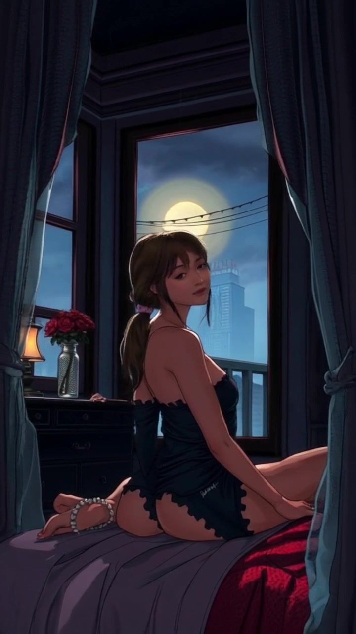Scene: Mei's bedroom at 2 AM, illuminated by soft moonlight filtering through the window, casting gentle shadows across the room. Style: Calm, serene lighting with a subtle bluish tint, creating a peaceful nighttime atmosphere. Motion: Camera glides smoothly through the room, providing a sweeping view of the tranquil space, lingering on the details of the soft bedding and personal items, enhancing the intimate feel of a quiet night.
