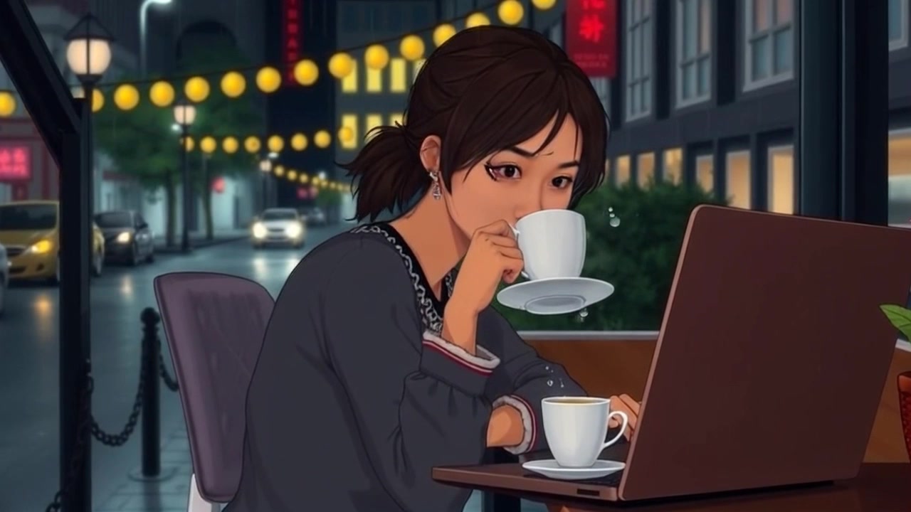 Subject: A woman named Mei sits at a table, focused on her laptop while sipping tea. Subject movement: She gently raises her cup to take a sip, her gaze shifting between the screen and her surroundings. Scene: Cozy indoor café setting with warm-toned wooden furniture and soft ambient lighting, creating an inviting atmosphere. Motion: The camera performs a smooth push-in shot, gradually closing the distance to capture the intricate details of her concentration and the gentle steam rising from her tea.