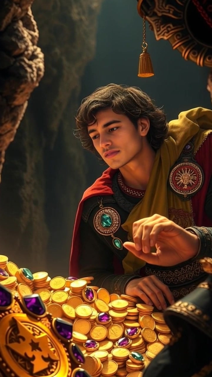 Subject: A young explorer named Mateo, holding a few gold coins and gazing in awe at piles of gold and jewels inside a dim cave. Subject movement: Mateo stands still, his expression filled with wonder and excitement. Scene: The interior of a cavernous cave adorned with glittering treasures, shadows dancing across the rocky walls. Lighting: Soft, flickering light from hidden sources creates a mysterious and enchanting atmosphere. Motion: The camera slowly pushes in on Mateo, capturing the glint of the jewels and coins as his gaze sweeps across the treasure, creating an immersive and captivating view.
