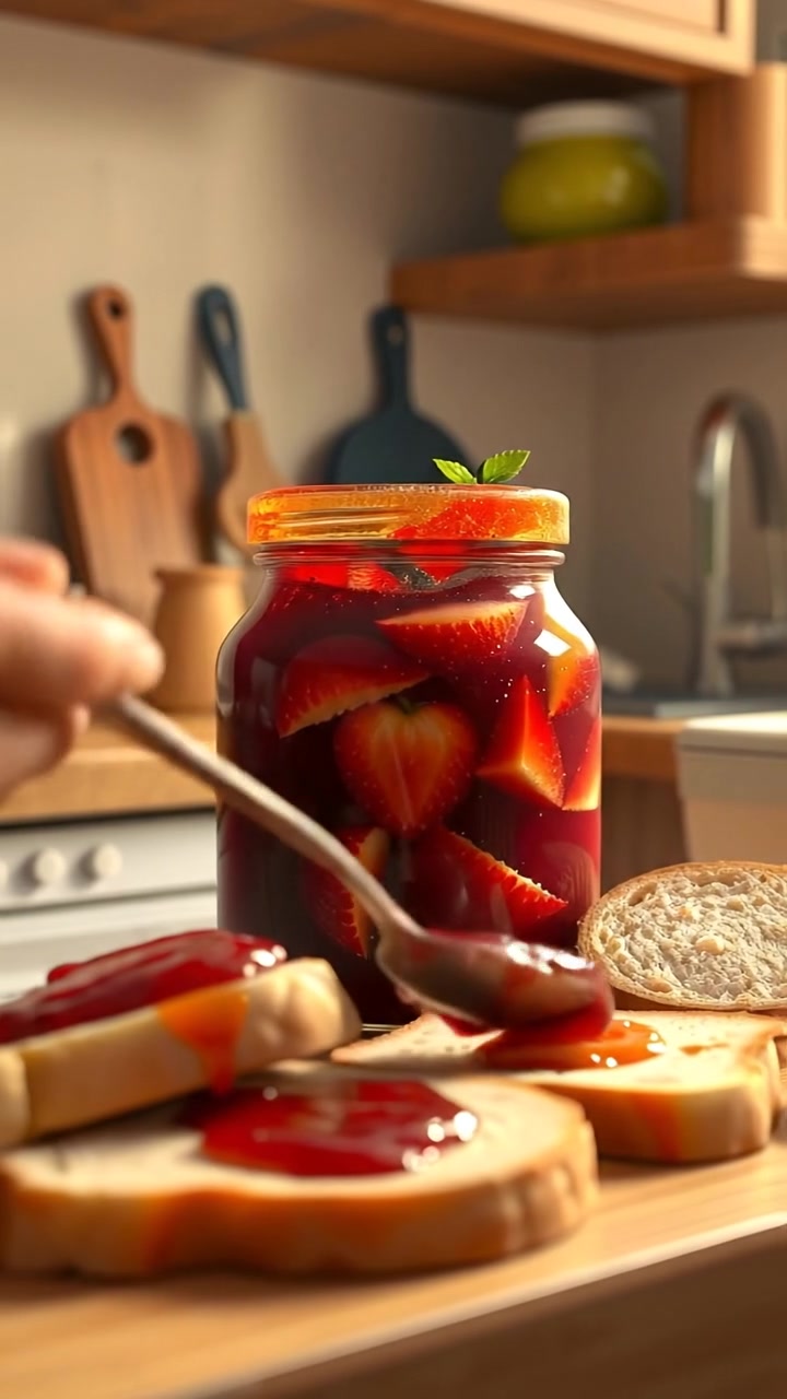 A 3D animation of a jar of jam next to slices of bread on a cozy kitchen counter, illuminated by warm, natural lighting with soft shadows, featuring smooth camera movement capturing the inviting scene. The background features a softly blurred kitchen ambiance. The audio features gentle kitchen sounds.