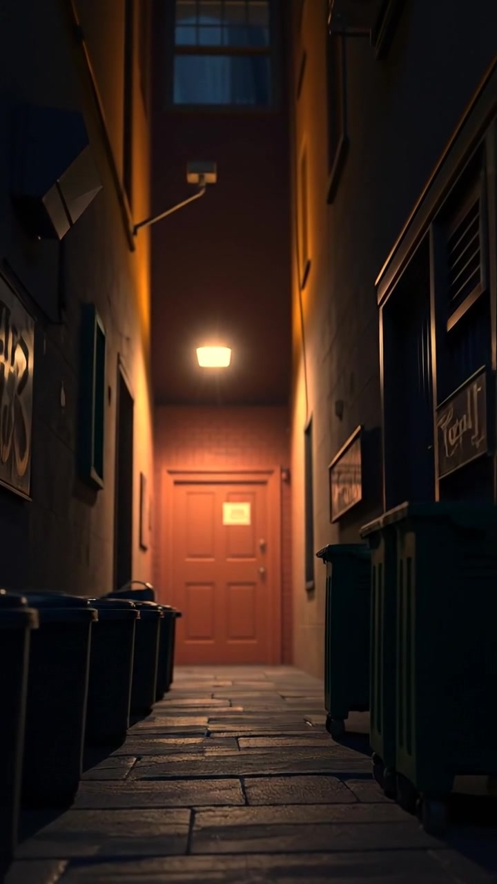 A shadowy alley depicted in 3D animation with dim, gritty lighting, evoking a sense of danger. Empty trash cans and vibrant graffiti adorn the walls, while a subtle breeze causes flickering shadows. The scene is shot with smooth camera motion and atmospheric depth, complemented by urban street sounds in the background.