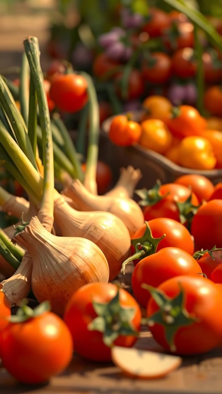 A close-up of ripe onions and tomatoes in a lush garden, vibrant and detailed in 3D animation style. Natural sunlight filters through, highlighting the rich colors and textures, with smooth camera movement emphasizing the harvest bounty. The background features a serene garden setting with gentle ambient sounds of nature.