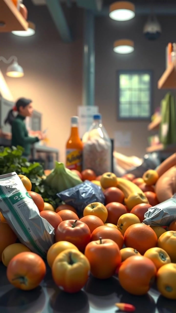 A 3D animation of groceries scattered chaotically on the ground, including vibrant apples, bright oranges, and colorful vegetables, with natural lighting and soft shadows, capturing a realistic yet dynamic scene. The background features a blurred outdoor setting, with the sound of rustling leaves and nature ambiance.