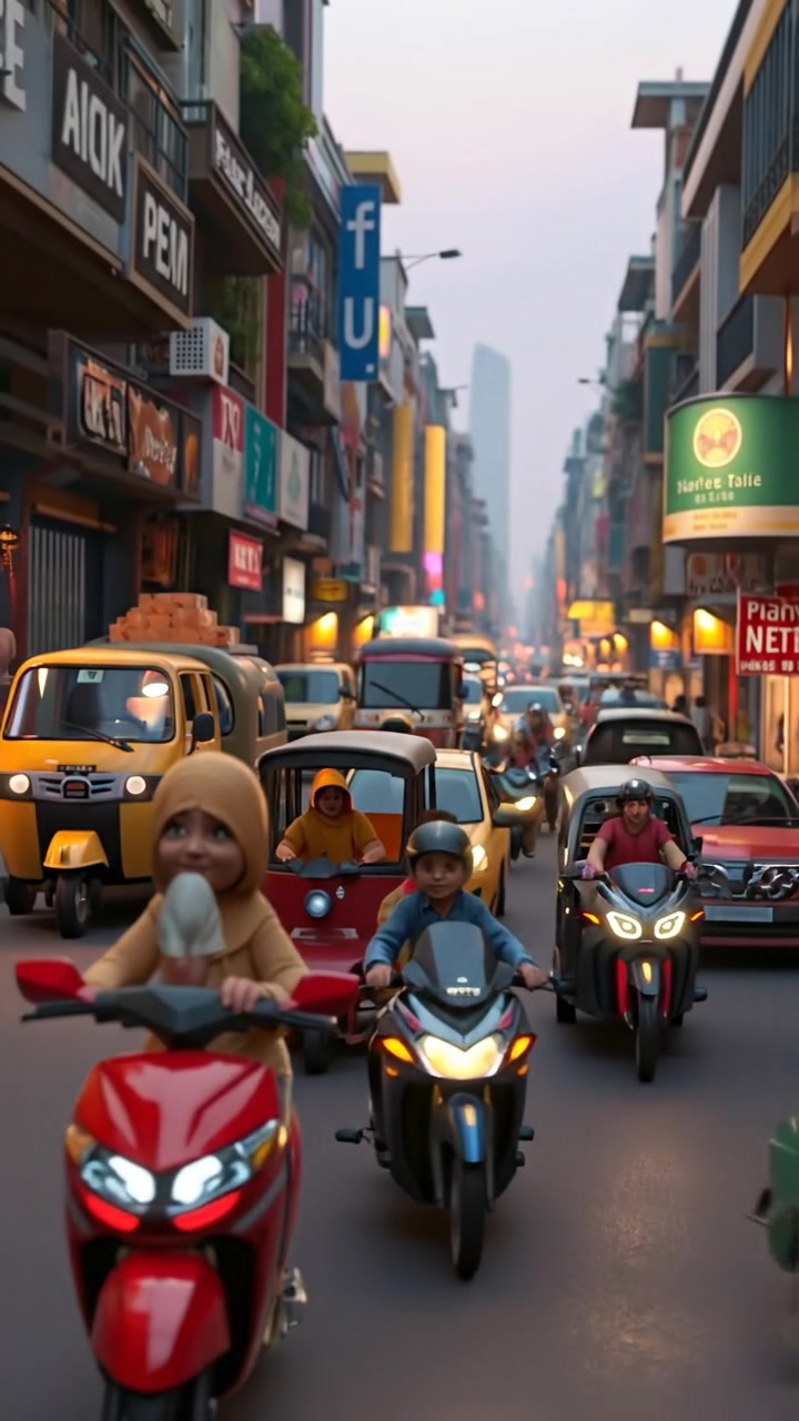A bustling Mumbai street scene rendered in vibrant 3D animation, capturing crowded vehicles and lively pedestrians under natural warm daylight, with smooth camera pans highlighting the vibrant chaos, and soft background sounds of city life and distant horns.