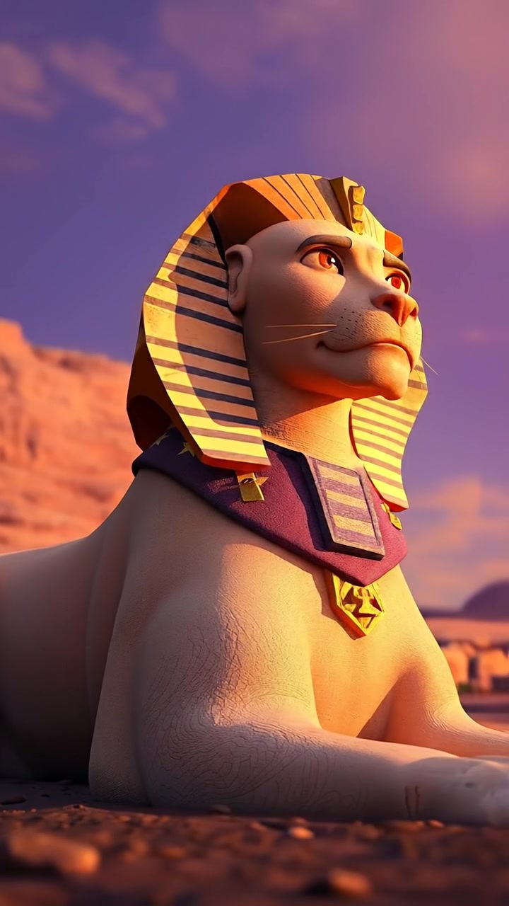 A 3D animation of the Great Sphinx viewed from the side, highlighting its majestic lion body and human head, illuminated by warm natural lighting with soft shadows, smooth camera panning along its contours. The background features a clear desert sky. The audio features gentle desert winds.