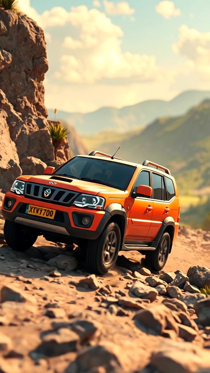 A Mahindra XUV700 in 3D animation style navigating rocky terrain with scenic hills in the background, illuminated by natural sunlight, high detail, smooth camera movement capturing the vehicle's rugged motion, with warm tones and soft shadows. The background audio features a subtle wind and outdoor ambiance.