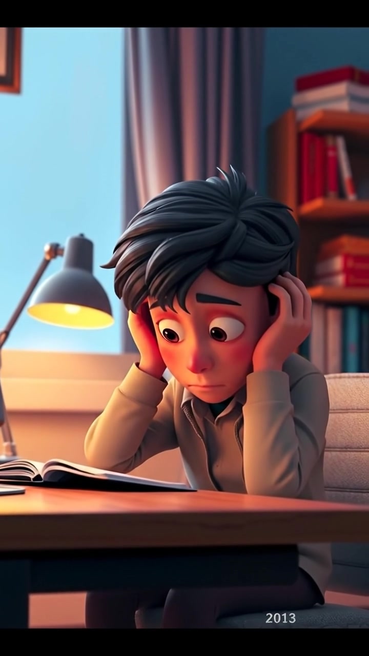 A 3D animation of a person sitting at a desk, gazing exhaustedly at an empty notebook, with soft natural lighting and detailed textures, smooth camera zoom in emphasizing fatigue, in a cozy, softly lit room. The background features gentle ambient sounds of a quiet, serene environment.