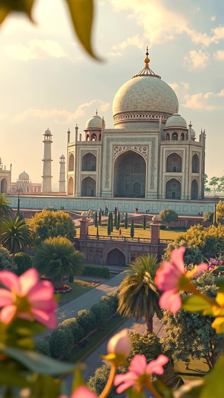 Aerial view of the Taj Mahal in stunning 3D animation style, capturing the intricate architecture amidst lush, vibrant gardens under soft sunlight, with smooth camera movements emphasizing its grandeur and cultural significance, set against a serene sky. The audio features gentle ambient sounds of nature and distant birds.