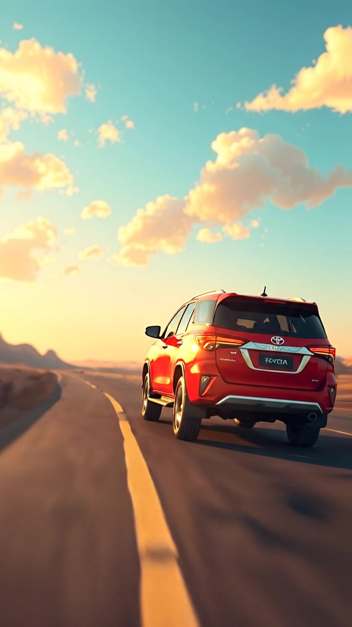 A 3D animation of a Toyota Fortuner cruising along an open road, showcasing its sleek design and powerful performance under natural sunlight with high detail, smooth camera dolly shots, and warm tones. The background features a clear sky and lush distant landscape, accompanied by the sound of gentle engine hums and wind.