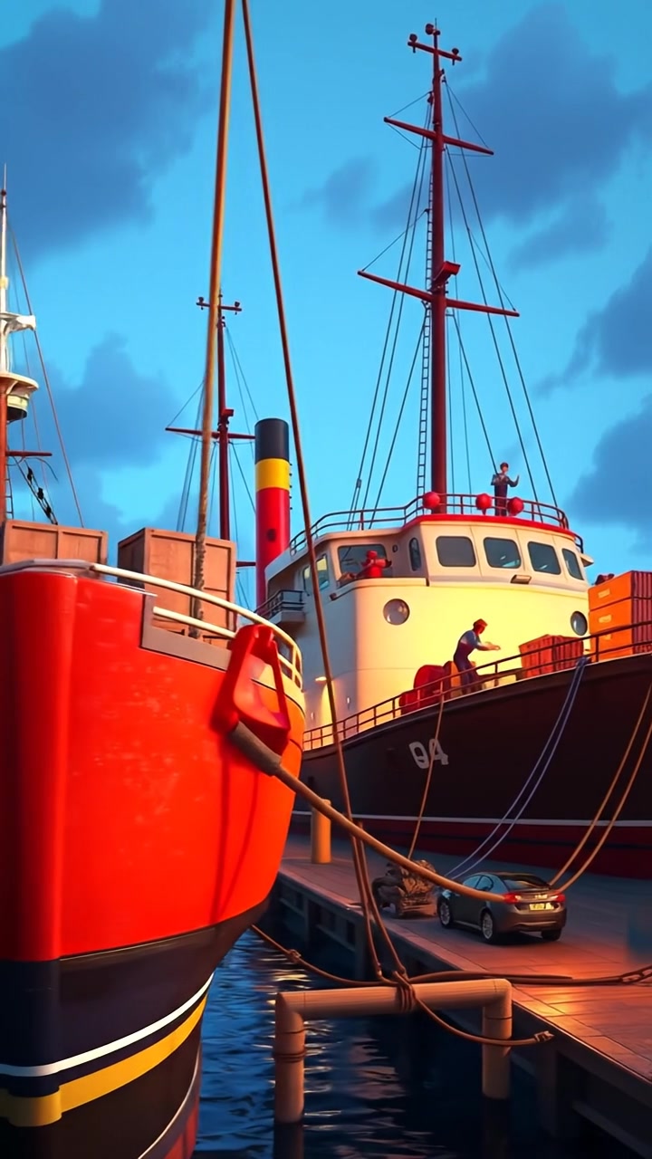 A 3D animation of a ship docked at a bustling harbor with workers actively loading cargo, bathed in warm, natural morning light. The scene features detailed textures, smooth camera panning, and a lively, hopeful ambiance. The audio features seagulls and gentle harbor noises in the background.