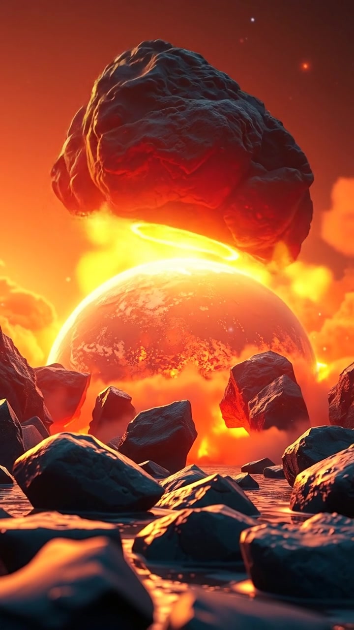 A 3D animation of a molten Earth struck by an intense asteroid impact, causing a fiery explosion with fiery debris erupting outward, captured in high detail with dynamic camera angles and smooth movement, under warm, glowing tones. The background features a fiery, turbulent sky, with the sound of rumbling and crackling flames.