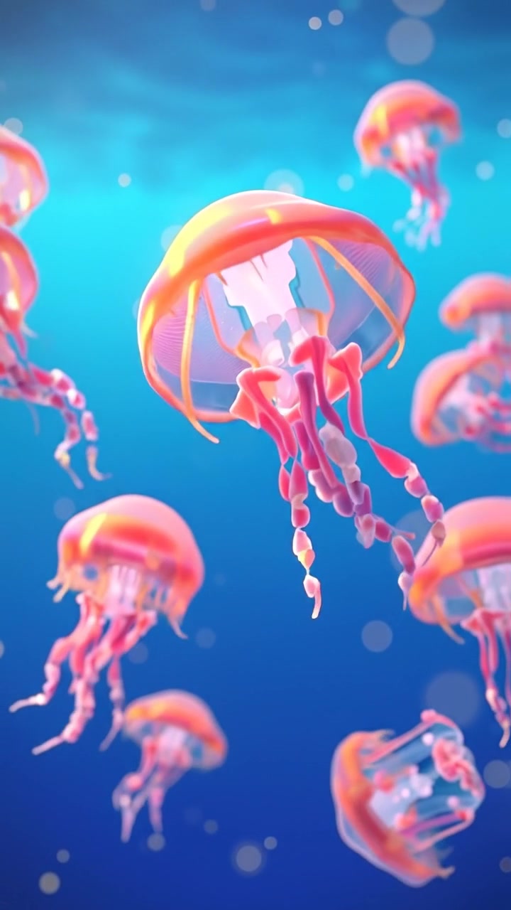 A serene underwater scene in 3D animation style, featuring transparent jellyfish drifting gracefully through calm blue water, illuminated by soft natural lighting that highlights their delicate textures. Smooth camera movement captures the gentle sway of the jellyfish against a vibrant aquatic backdrop. The audio features soothing underwater sounds.