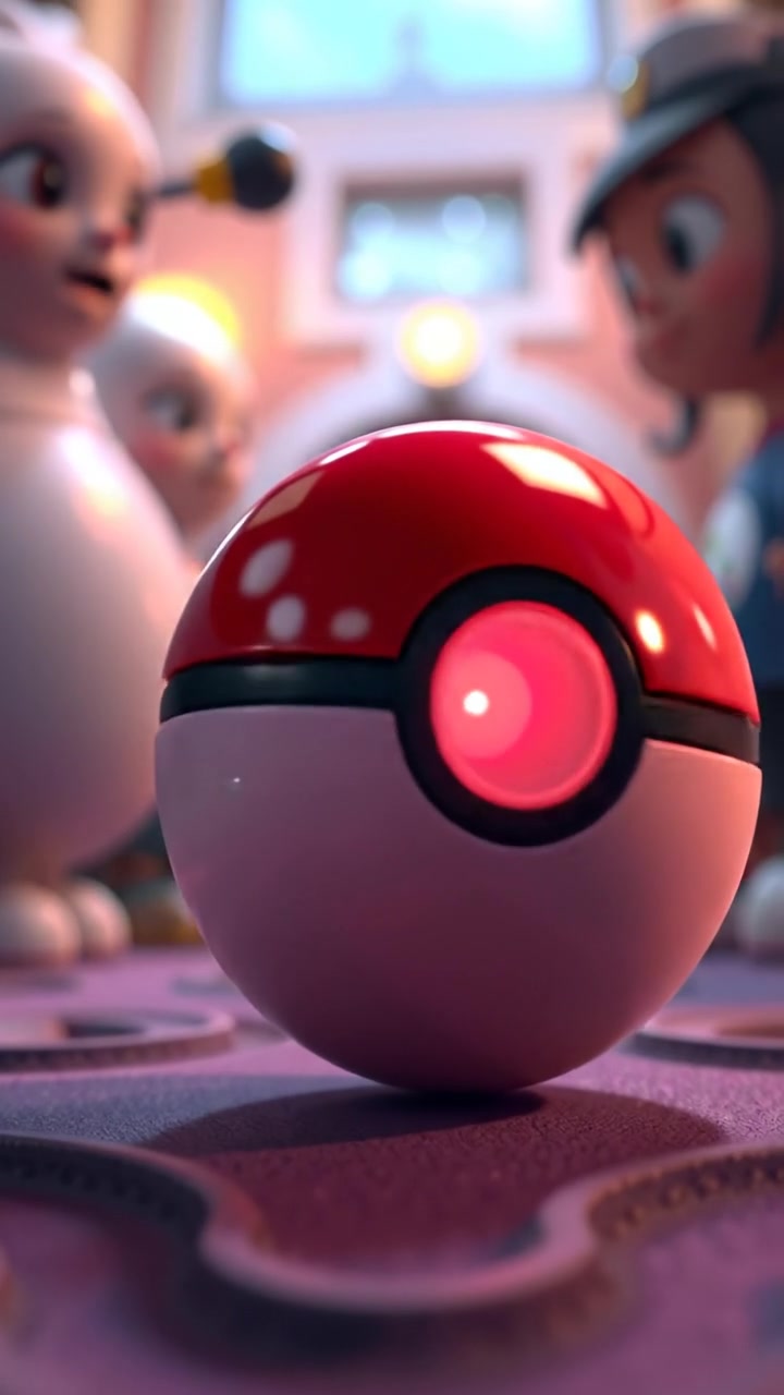 A close-up of a 3D animated Poké Ball, halfway wobbling with a focus on the glowing red light. Soft cinematic lighting, high detail with smooth camera rotation emphasizing its round shape. The background features a blurred setting, enhancing focus on the Poké Ball. The audio features subtle mechanical hums.
