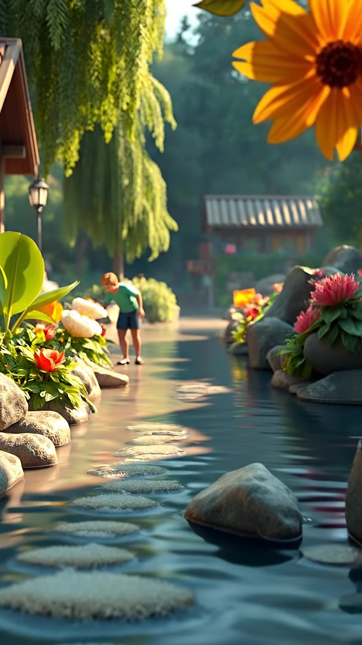 A small, clear river flowing through a quaint village, lush trees and vibrant plants lining the banks. Rendered in 3D animation with natural lighting, high detail, and smooth camera movement showcasing the serene landscape. The background features gentle whispers of a flowing water soundscape.