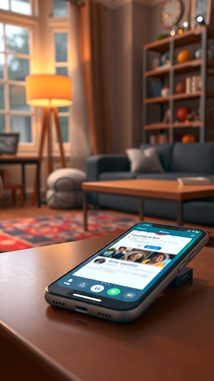 A 3D animated scene of a smartphone lying on a wooden table in a cozy living room, displaying social media feeds with colorful posts. Natural warm lighting gently illuminates the space, capturing smooth camera motion as the scene emphasizes detail and inviting atmosphere. The audio features soft background music and gentle ambient sounds.