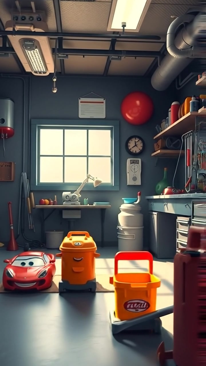 A 3D animation of a mechanic's garage interior filled with scattered car parts and tools, illuminated by warm natural lighting, with high detail and smooth camera movement showcasing the cluttered workspace. The background features a slightly overcast sky visible through a large garage door. The audio features ambient garage sounds.