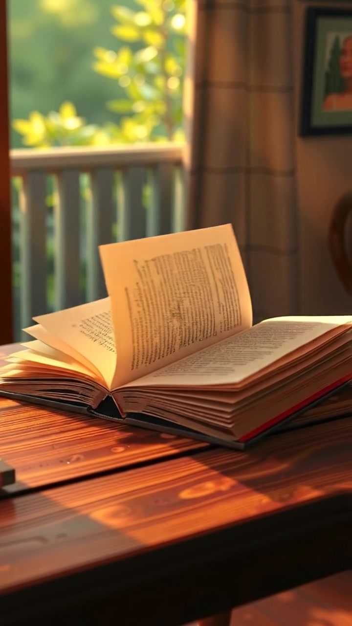 A 3D animation of an open book resting on a textured wooden table, pages softly fluttering in a gentle breeze, captured with high detail, natural warm lighting, smooth camera movements, emphasizing a serene and tranquil atmosphere. The background audio features the subtle sound of rustling pages and a gentle breeze.