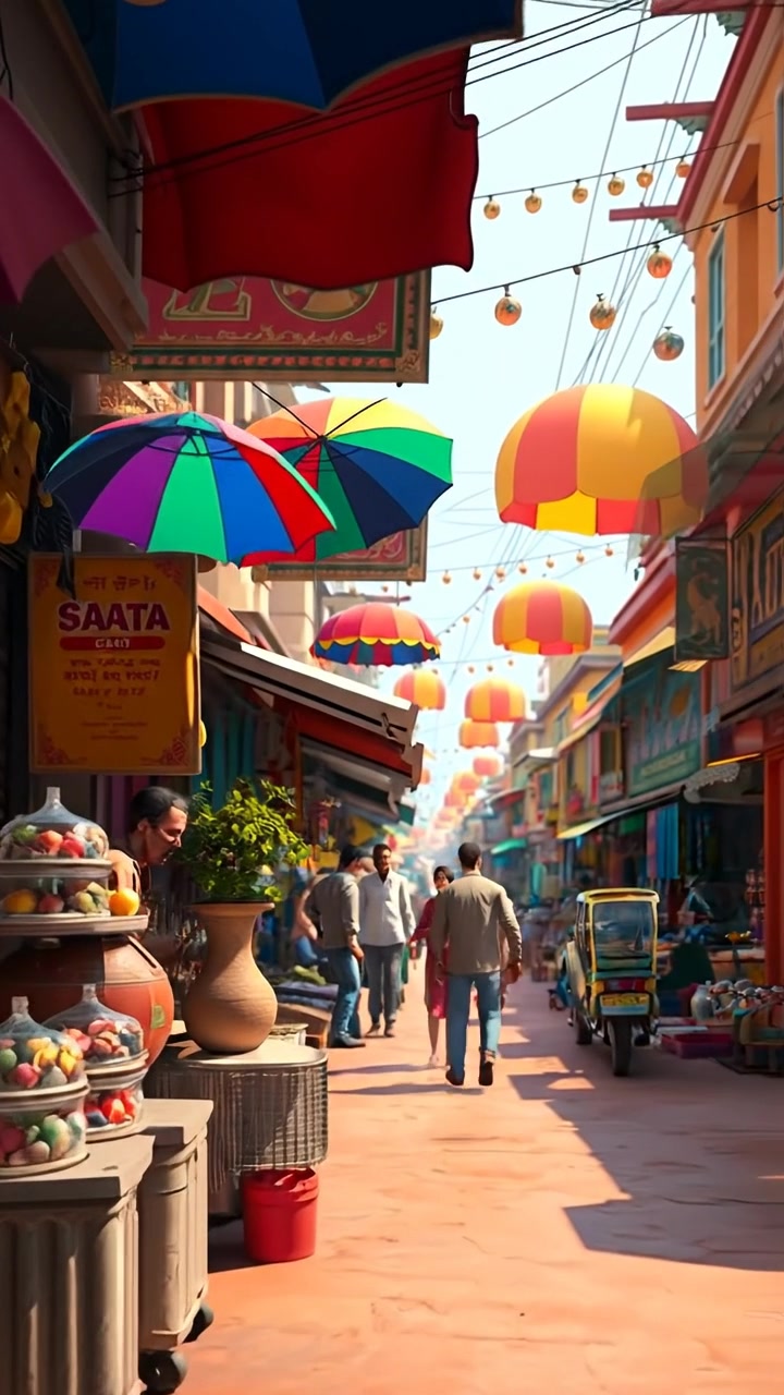 A vibrant 3D animation of a bustling Indian street market, colorful stalls overflowing with textiles, spices, and trinkets, crowded with lively shoppers under warm sunlight, camera moves smoothly through the crowded scene, capturing the lively atmosphere with soft shadows and rich textures. The audio features ambient market sounds and distant chatter.