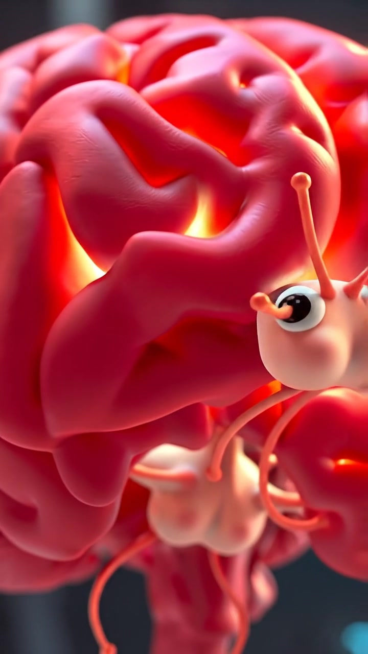 A close-up of a vibrant 3D animated brain illustration highlighting active mirror neurons, with intricate neural pathways illuminated in neon colors. Natural lighting enhances high detail, smooth camera zoom emphasizing activity. The setting is sleek and scientific. The background features a subtle hum of technological ambiance.