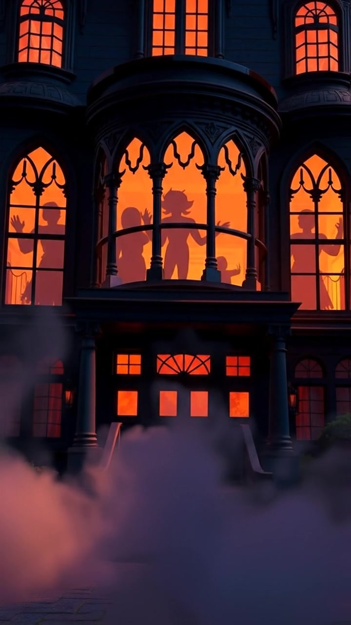 A 3D animation of shadowy figures peering through mansion windows, surrounded by an eerie swirling mist. Utilize high detail, soft shadowing, and smooth camera drift to enhance spooky ambiance. The scene is bathed in faint moonlight with a chilling, atmospheric tone. The audio features haunting wind sounds.