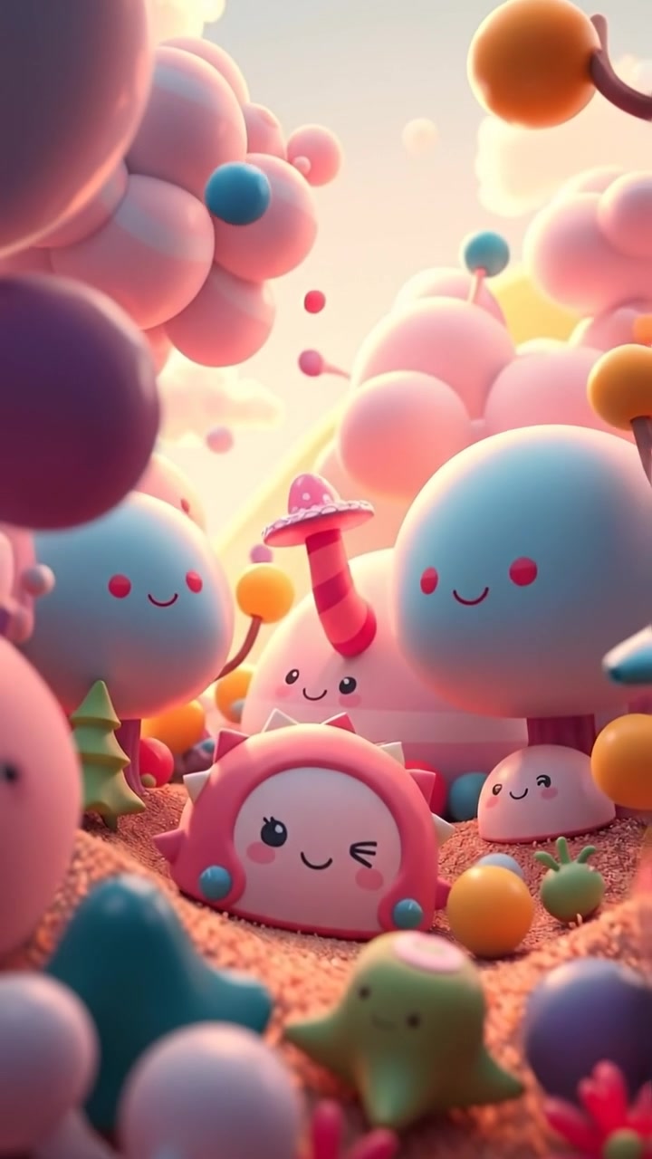 A vibrant 3D animation of a whimsical doodle world with floating shapes, cheerful smiling clouds, and wobbly trees, captured in smooth camera motion with warm, soft lighting and high detail. The background features a bright sky with gentle sunlight. The audio features cheerful ambient sounds and gentle wind.