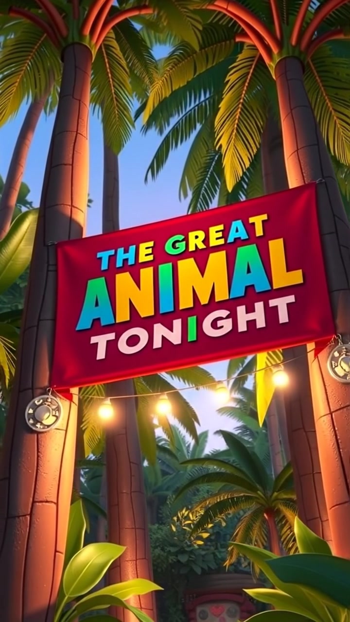 A vibrant 3D animation shows a large, colorful banner reading 'The Great Animal Talent Show - Tonight!' fluttering between two towering jungle trees. Bright lighting highlights the vivid colors, with a gentle breeze making the banner sway. The scene features lush jungle foliage in the background. The audio features tropical bird calls and rustling leaves.
