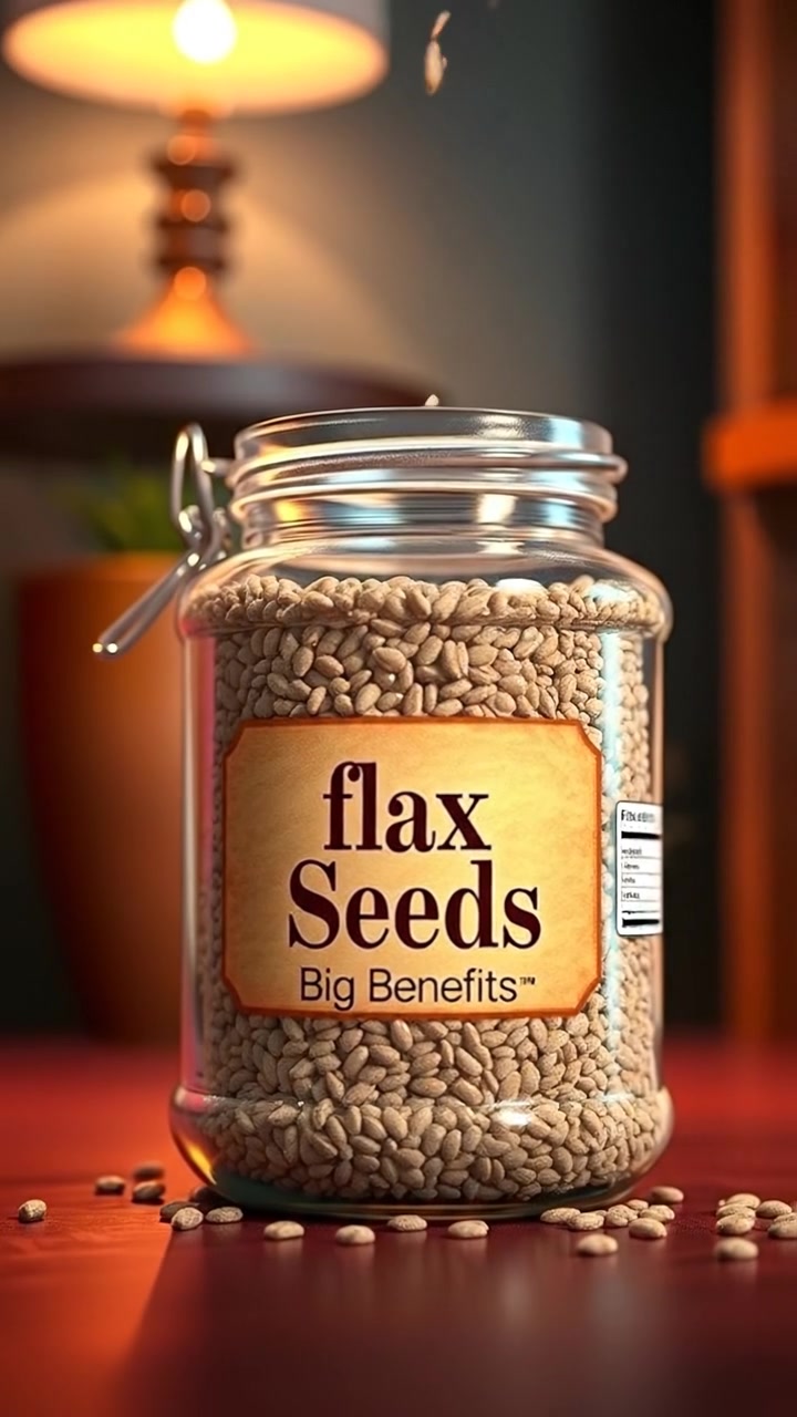 A detailed close-up of a 3D animated jar of flaxseeds with a label 'Flax Seeds, Big Benefits', set against a softly lit, vibrant background with warm tones and gentle shadows. The scene features smooth camera movement highlighting the jar's texture. The audio features a calming, nature-inspired soundscape.