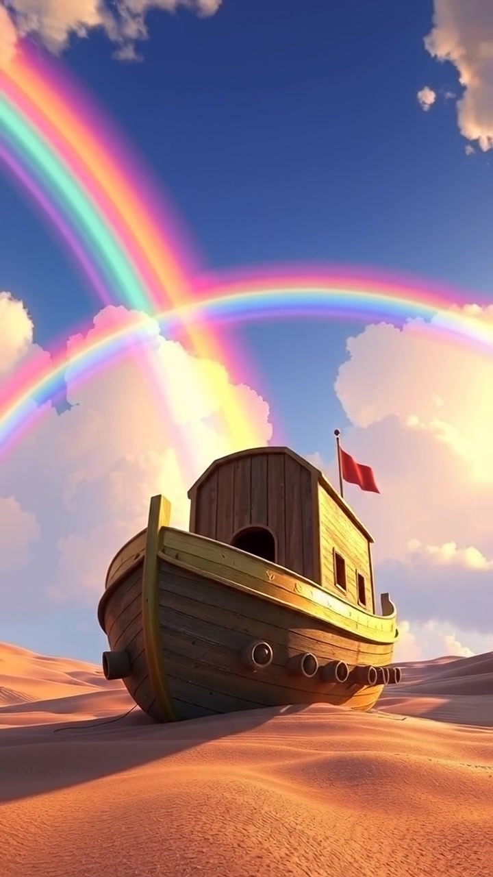 A vibrant 3D animated scene showcasing a bright rainbow arching gracefully across a clear sky, with a detailed ark resting securely on dry land. Soft natural lighting accentuates the vivid colors, with smooth camera motion capturing the serene landscape. The background audio features gentle nature sounds.