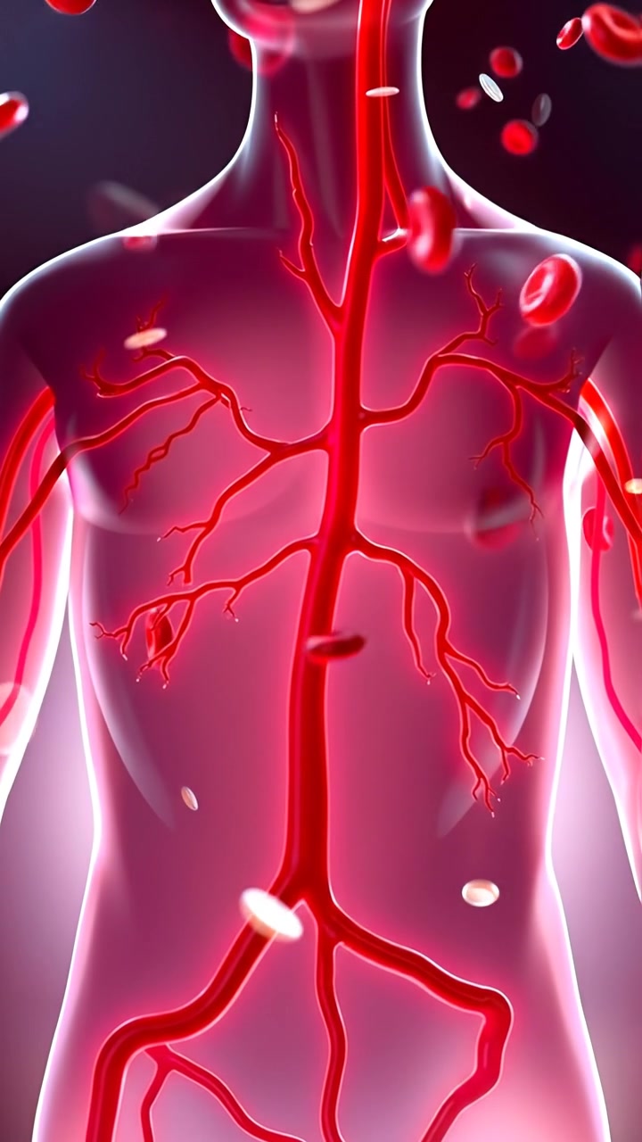 A detailed 3D animation of blood flowing dynamically through human veins and arteries, with realistic textures and smooth camera movement illustrating the circulatory system. Warm lighting highlights the vibrant colors of blood and vessel walls, set against a neutral background. The audio features gentle heartbeat sounds in the background.