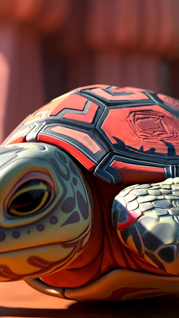A close-up of a turtle's shell with intricate, detailed patterns in a vibrant 3D animation style, highlighting its uniqueness with natural lighting and smooth camera rotation. The background features soft, ambient underwater light. The audio features gentle water currents and bubbling sounds.