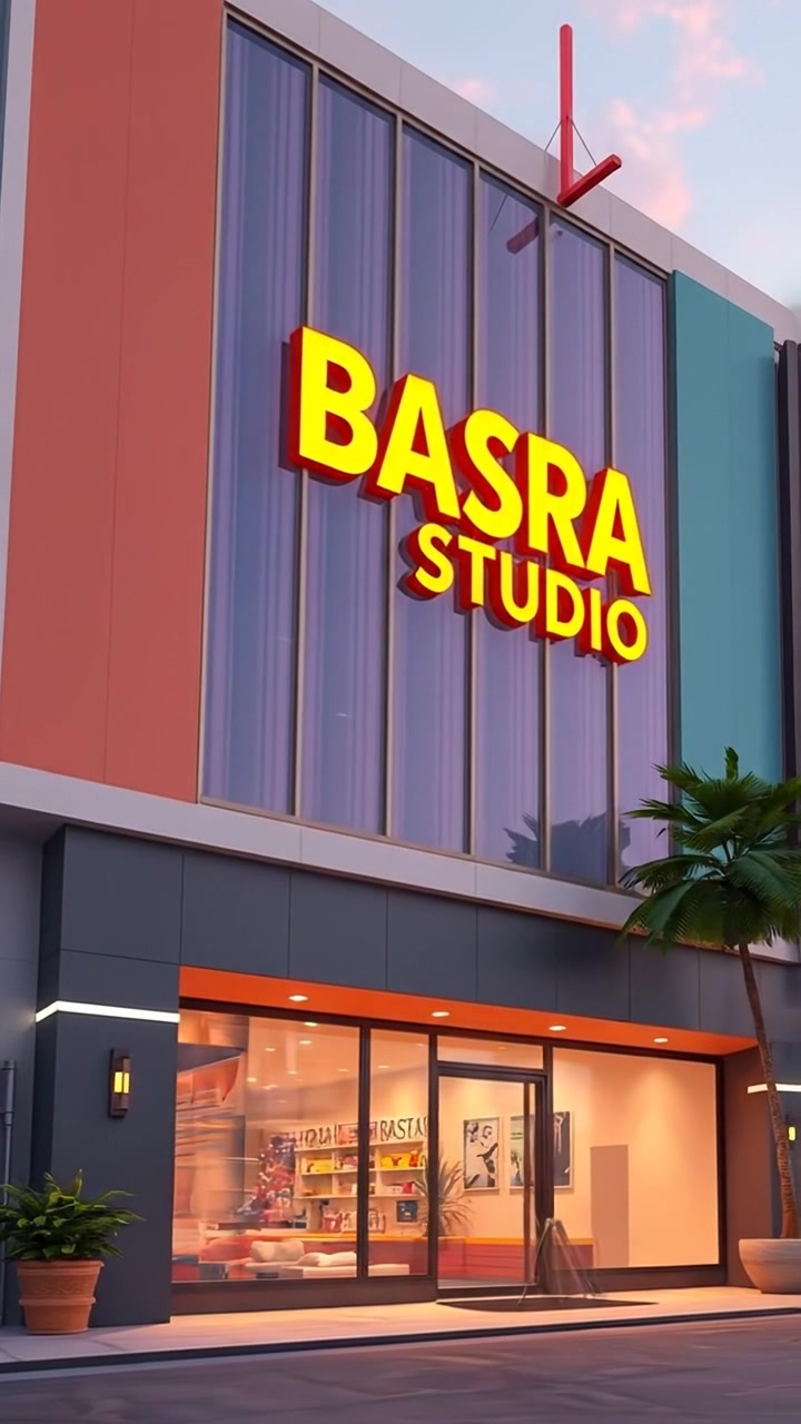 A 3D animated exterior view of Basra Studio, featuring a sleek, modern building with reflective glass surfaces and a brightly illuminated sign that reads 'Basra Studio'. Cinematic lighting highlights architectural details, with smooth camera panning across the scene. The background audio features bustling city sounds.