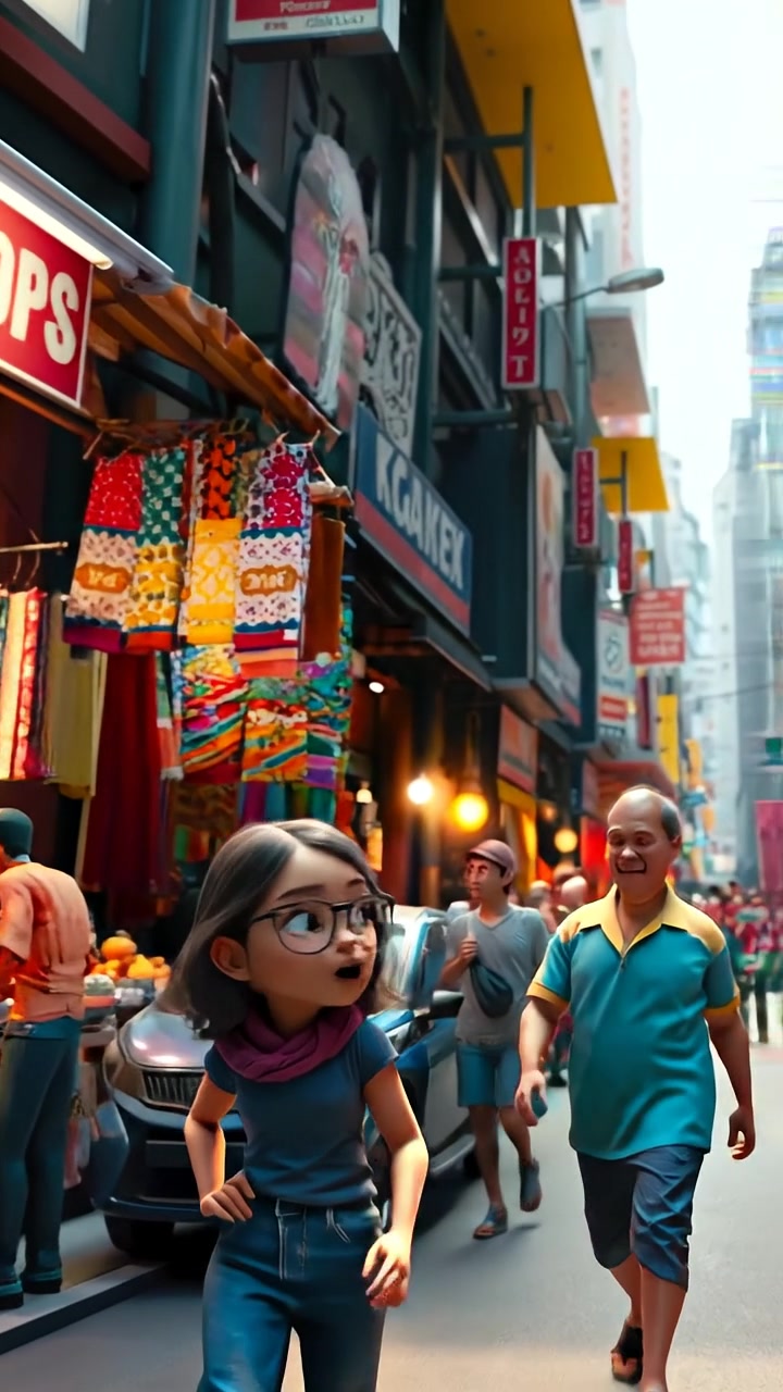 A bustling street in Jakarta depicted in vibrant 3D animation, filled with people walking amidst colorful markets and lively street vendors, captured with smooth camera motion and warm natural lighting, emphasizing detailed cultural elements and dynamic movement. The audio features ambient city sounds and lively market chatter.