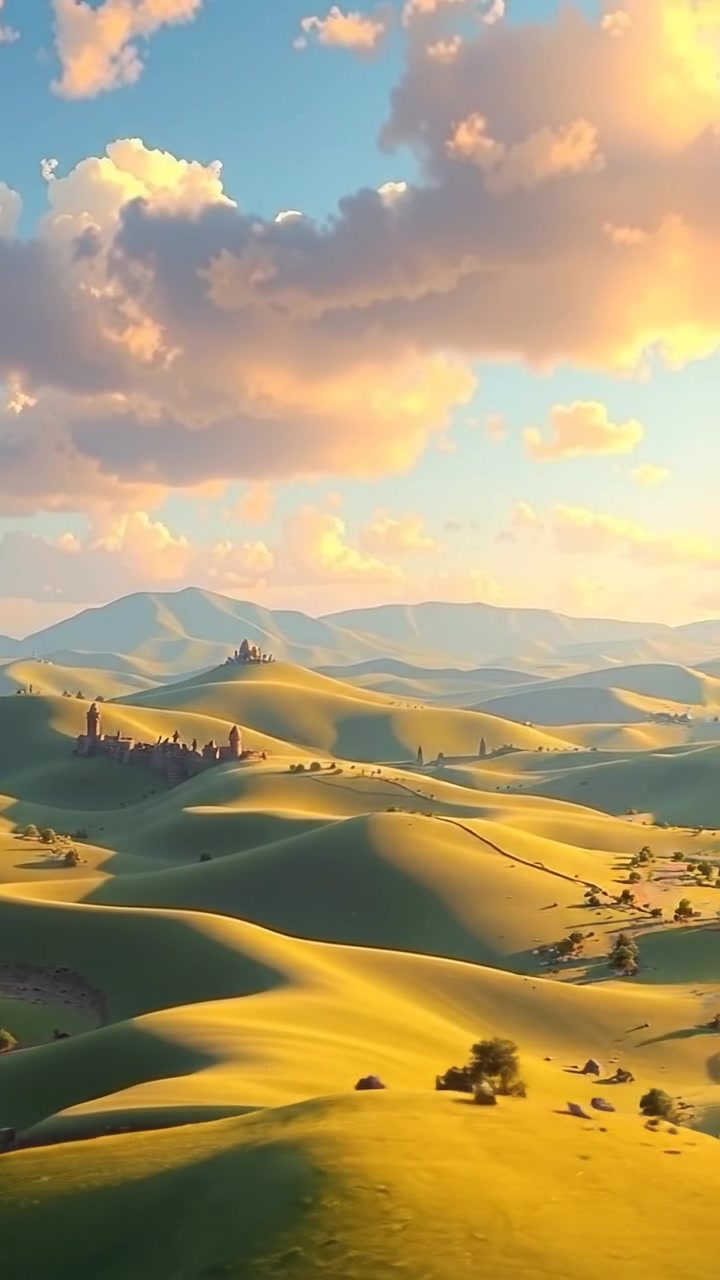 A 3D animated scene of Devgarh kingdom with rolling hills under a bright blue sky, illuminated by warm natural lighting. Smooth camera movement captures the expansive landscape, highlighting lush greenery and distant castles. The background features gentle breeze sounds and bird chirping.