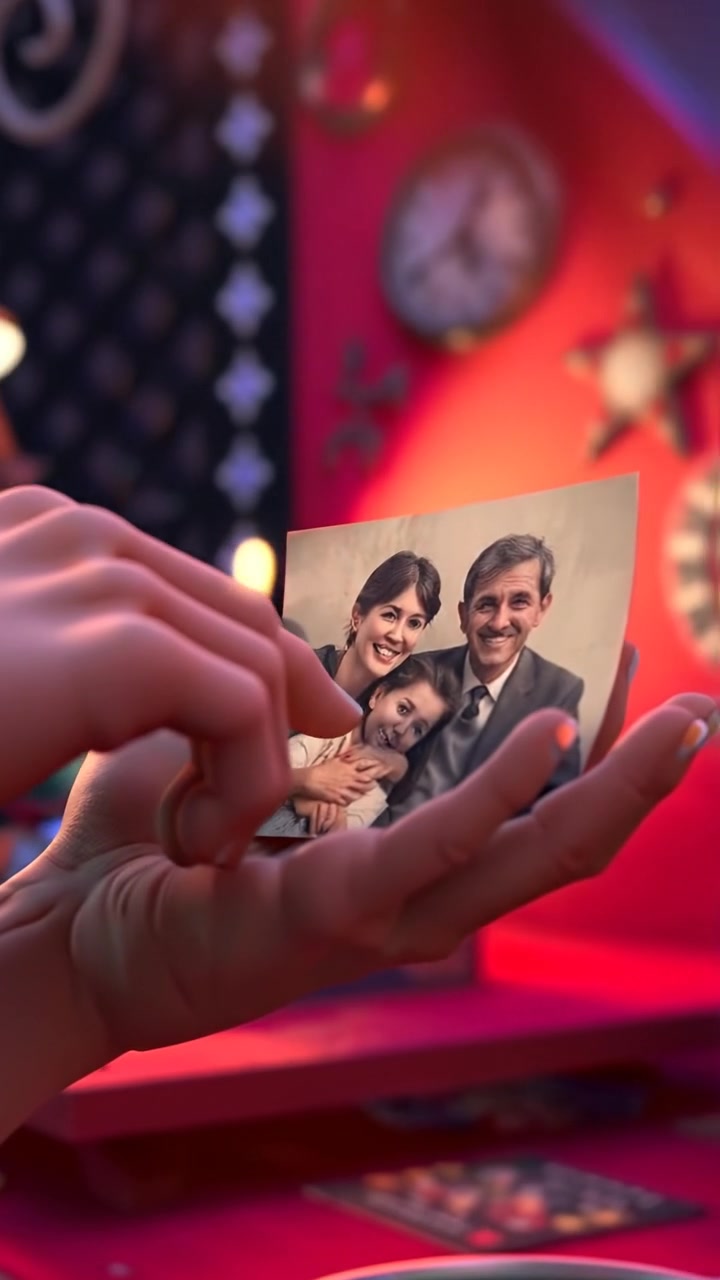 A close-up of hands holding a faded photograph of a family, rendered in 3D animation with intricate detail, soft lighting and warm tones creating a nostalgic mood. Camera moves slowly in a gentle dolly shot to emphasize the intimacy. The background features a blurred, cozy interior ambiance. The audio features soft, ambient background music.