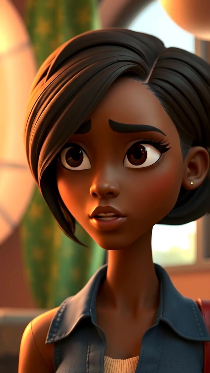 Close-up of Monique in a 3D animation style with a thoughtful, enigmatic expression, illuminated by soft, natural lighting and a subtle depth of field. The scene features smooth camera movement and a serene, slightly blurred background. The audio features gentle ambient sounds.