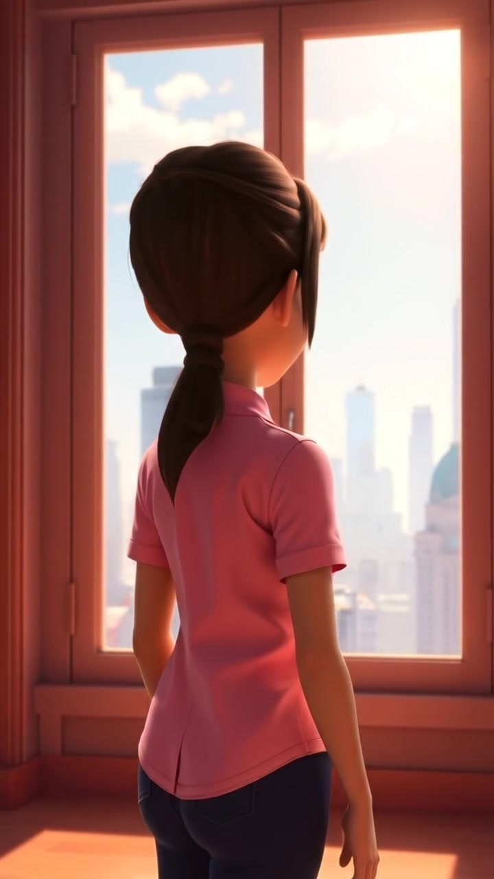 A 3D animated character Mei stands in front of a large window with soft sunlight streaming in, gazing out at a detailed city skyline. The scene features natural lighting, high detail, smooth camera movements, and warm tones. The background audio features gentle city ambiance and distant traffic sounds.