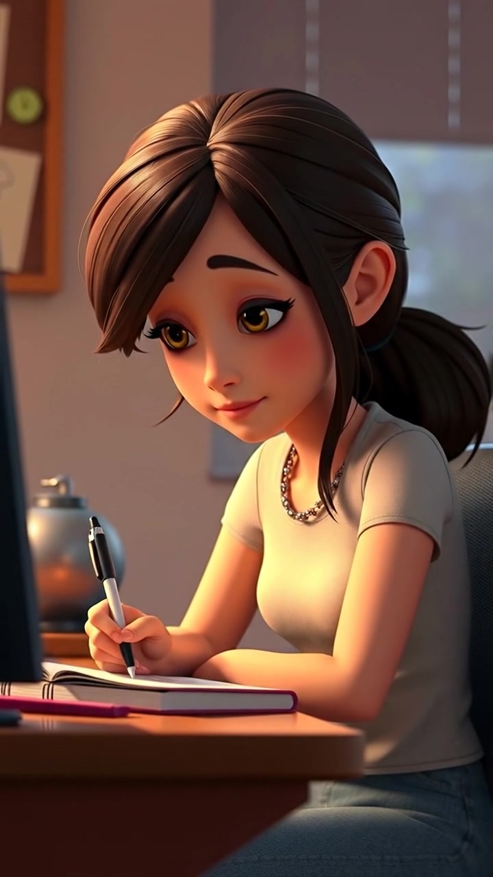 Close-up of Mei in a 3D animation style, sitting at a desk writing in a notebook, illuminated by warm, soft lighting with smooth camera movement that accentuates her focused expression. The background features a cozy room with subtle details. The audio features soft ambient sounds of a quiet room.
