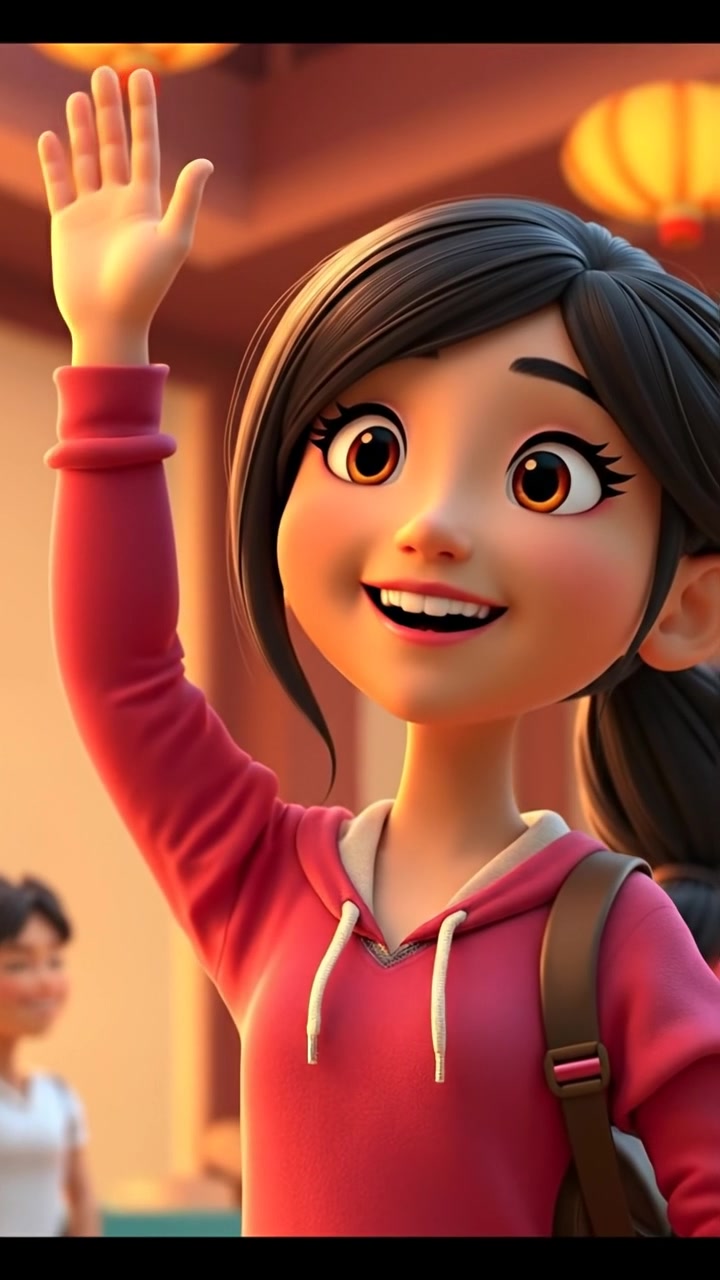 A 3D animation of Mei confidently answering with a bright smile, raising her hand. The scene features vivid, warm lighting and smooth camera motion, capturing her expressive gesture. The background is softly blurred to focus on her cheerful demeanor. The audio features motivating ambient music.